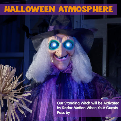 Halloween Animatronic Life Size Witch with Light-Up Eyes, Moving Arms & Head (Sound Activated) for Halloween Haunted House Prop Outdoor/Indoor Lawn Decorations