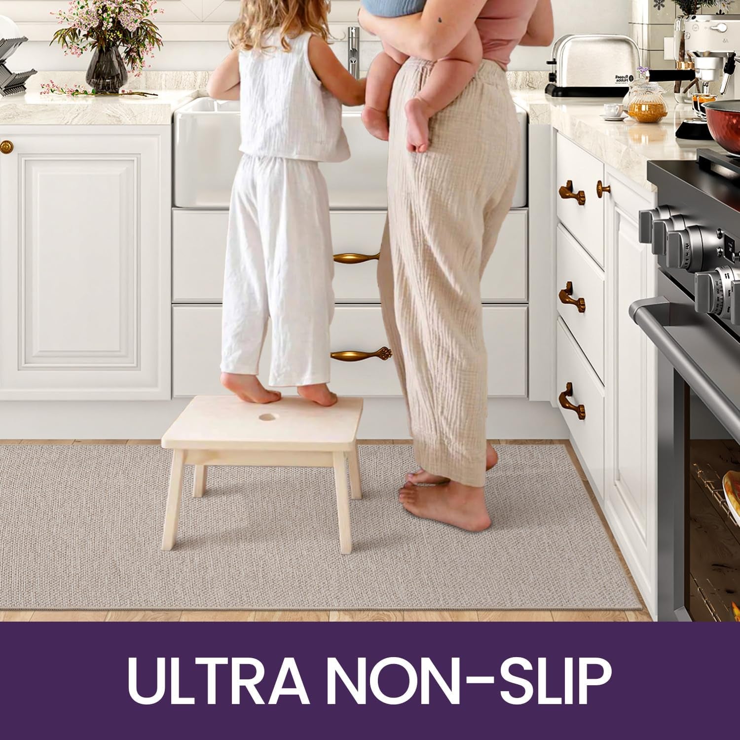 2 Kitchen Rug Mats Set, Non Slip and Washable, for Hallway, Dining Room and Entrance, Beige