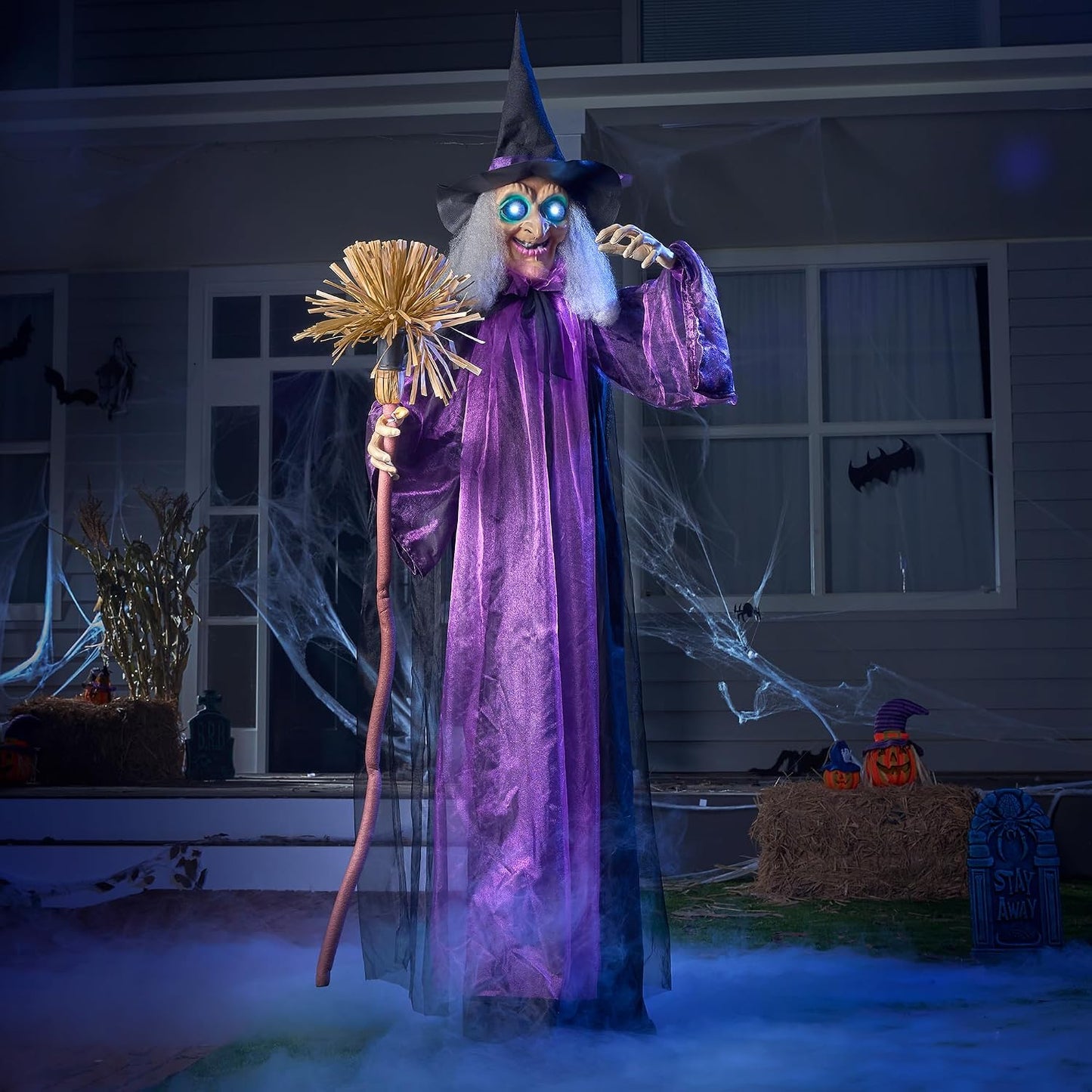 Halloween Animatronic Life Size Witch with Light-Up Eyes, Moving Arms & Head (Sound Activated) for Halloween Haunted House Prop Outdoor/Indoor Lawn Decorations