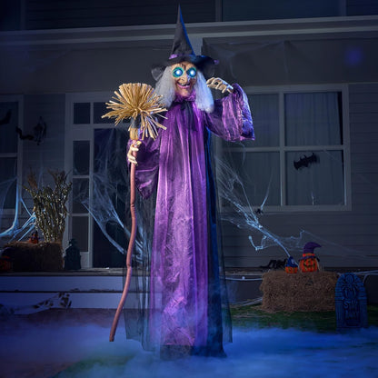 Halloween Animatronic Life Size Witch with Light-Up Eyes, Moving Arms & Head (Sound Activated) for Halloween Haunted House Prop Outdoor/Indoor Lawn Decorations