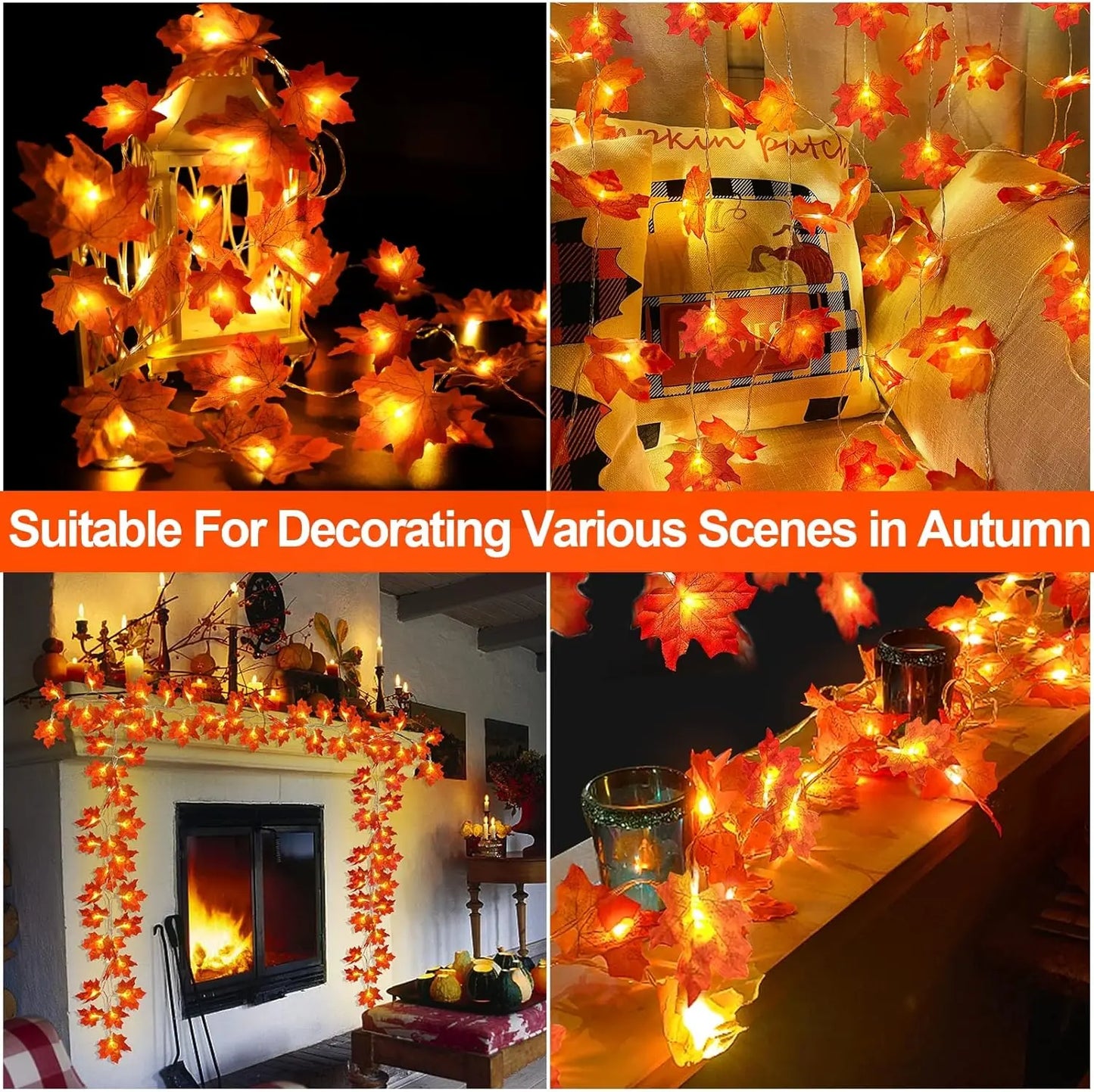 Halloween Fall Decor Enlarged Maple Leaf Garland Lights, Battery Operated Waterproof Cozy Autumn Decor for Indoor Outdoor Halloween Thanksgiving Harvest Party Home