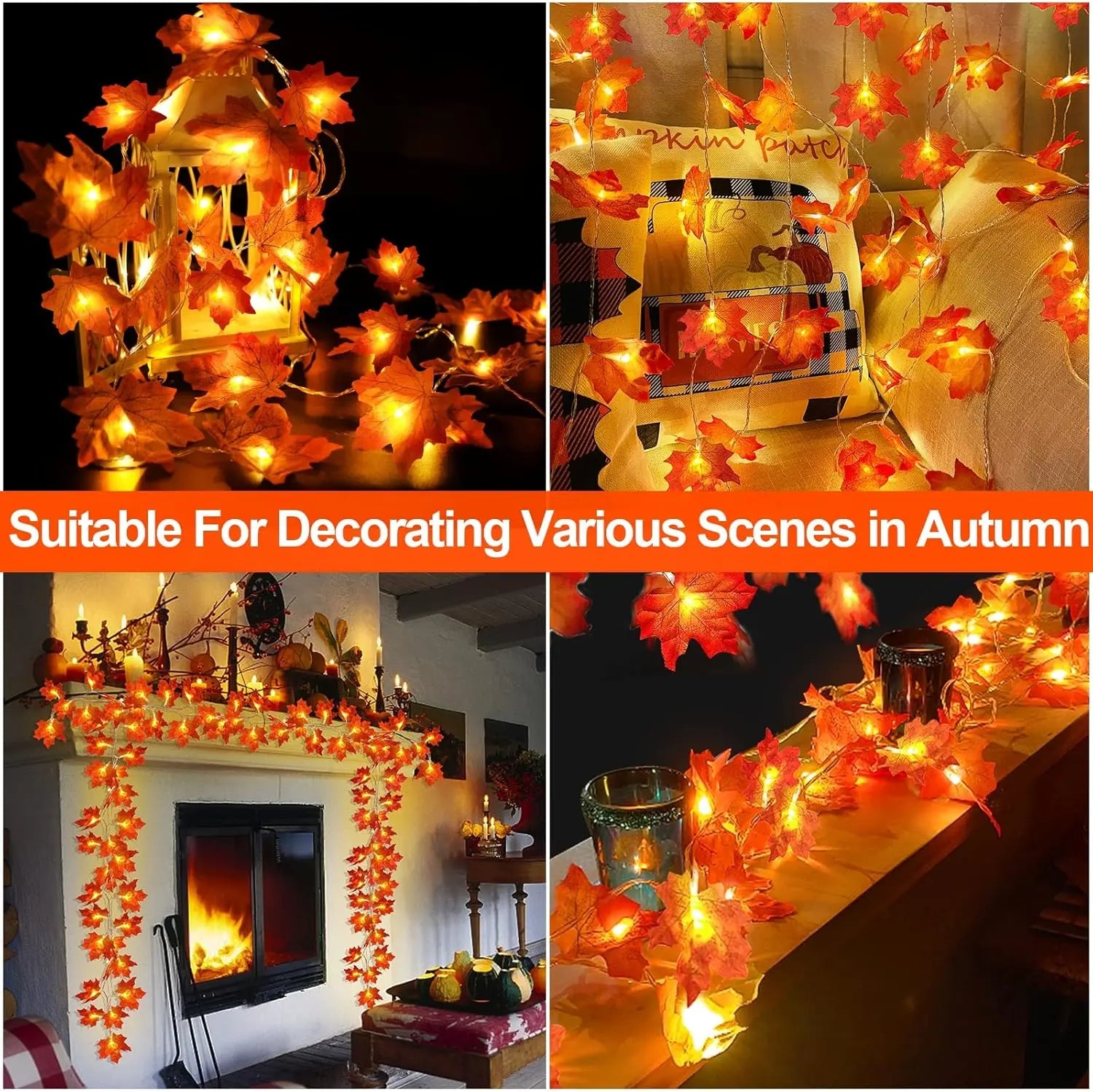 Halloween Fall Decor Enlarged Maple Leaf Garland Lights, Battery Operated Waterproof Cozy Autumn Decor for Indoor Outdoor Halloween Thanksgiving Harvest Party Home
