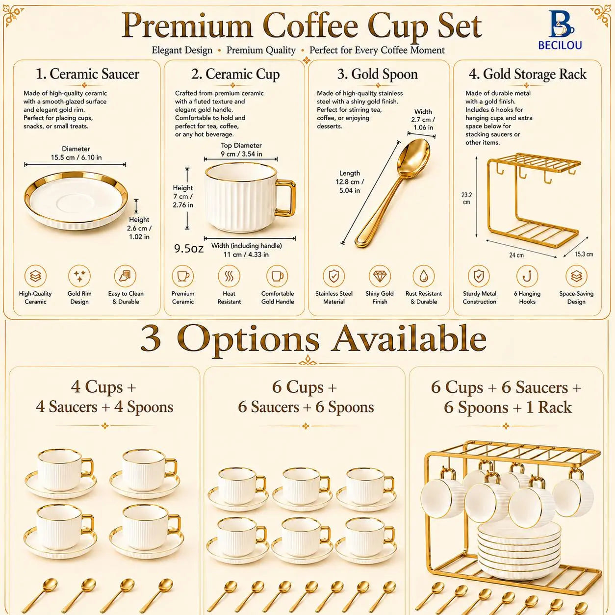 Luxury Ceramic 6-Piece Coffee Cup & Saucer Set with Gold Rack for Elegant Home & Afternoon Tea