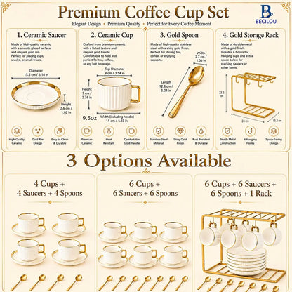 Luxury Ceramic 6-Piece Coffee Cup & Saucer Set with Gold Rack for Elegant Home & Afternoon Tea