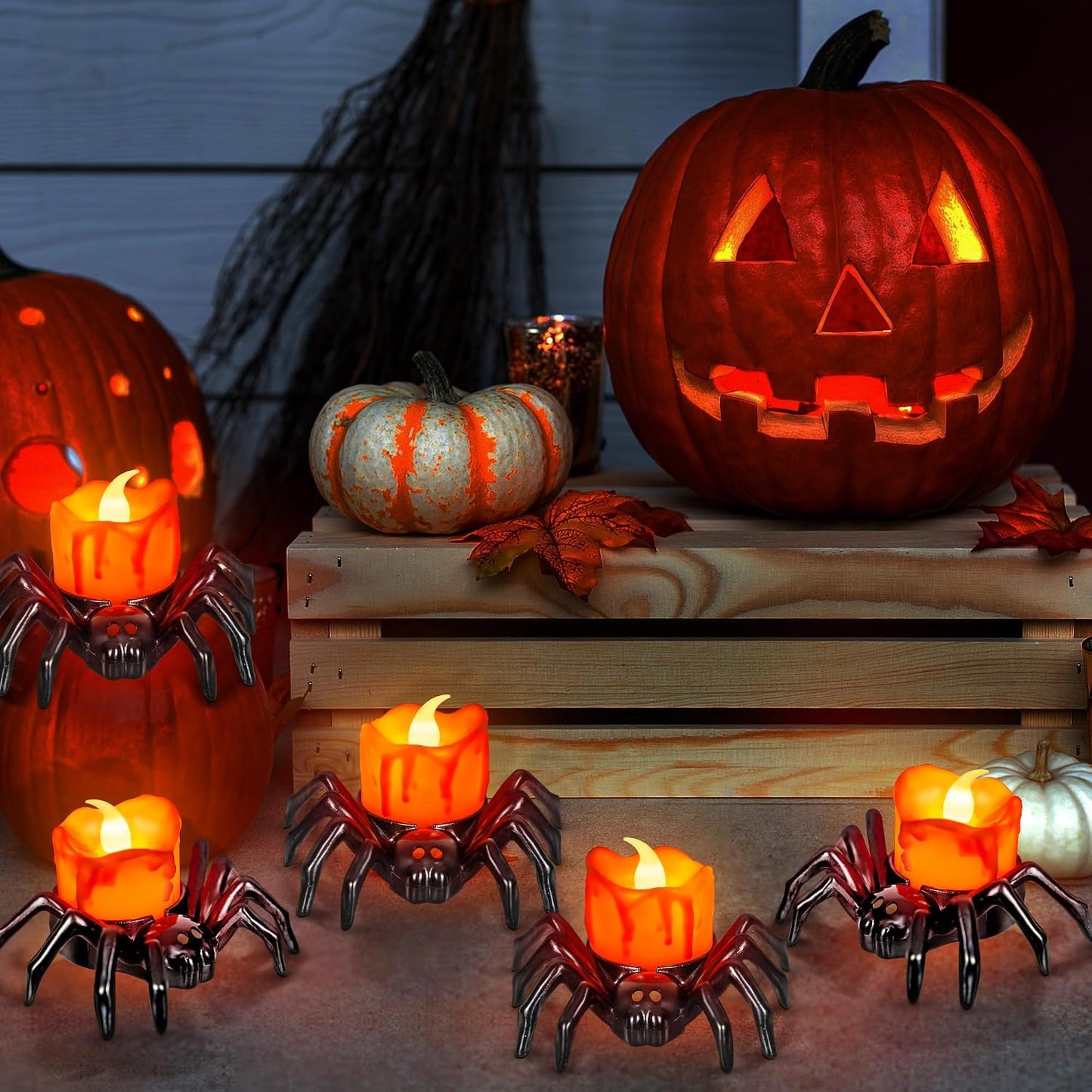 Halloween Flameless LED Tea Lights Spider Candle Tealights Decorations, Battery Operated