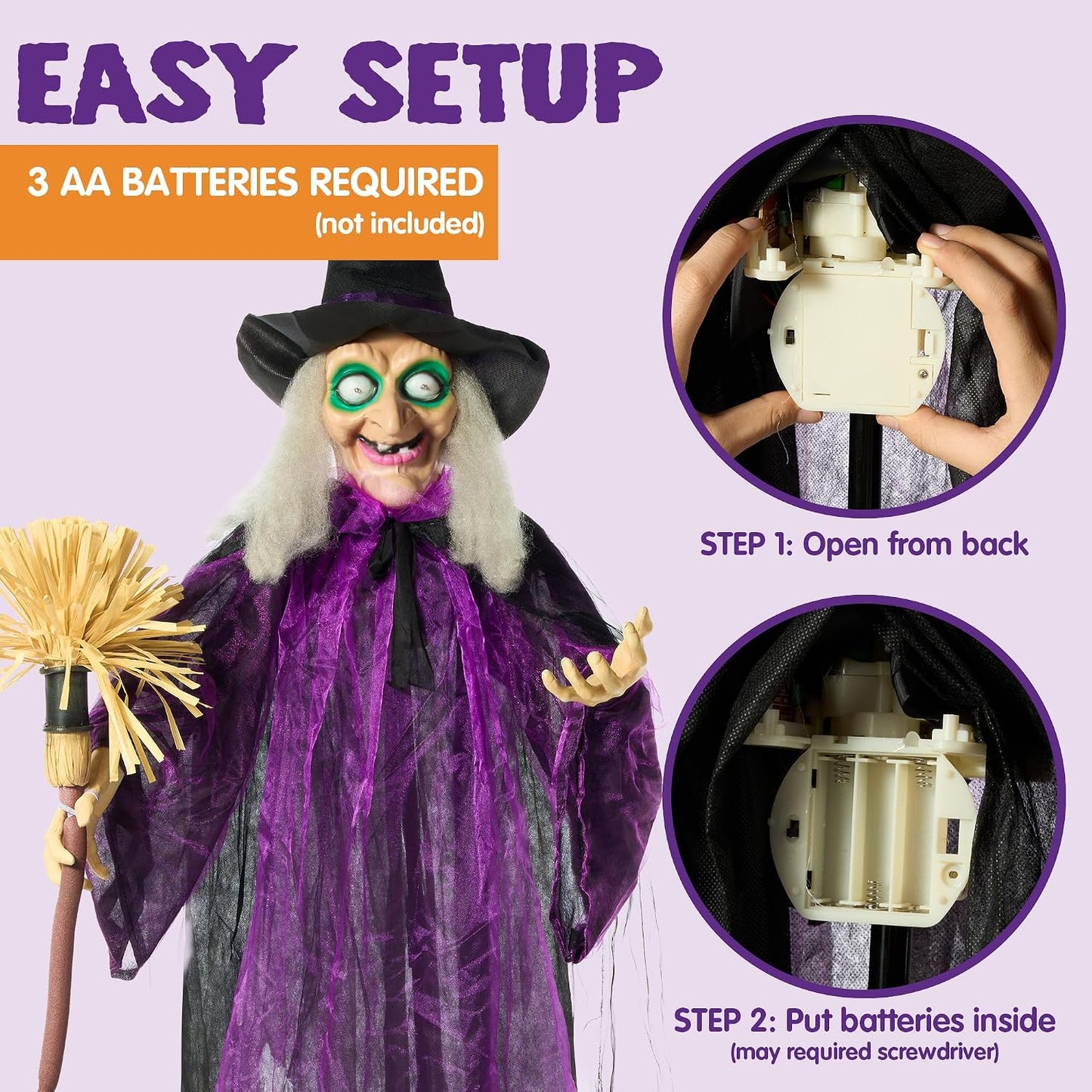 Halloween Animatronic Life Size Witch with Light-Up Eyes, Moving Arms & Head (Sound Activated) for Halloween Haunted House Prop Outdoor/Indoor Lawn Decorations