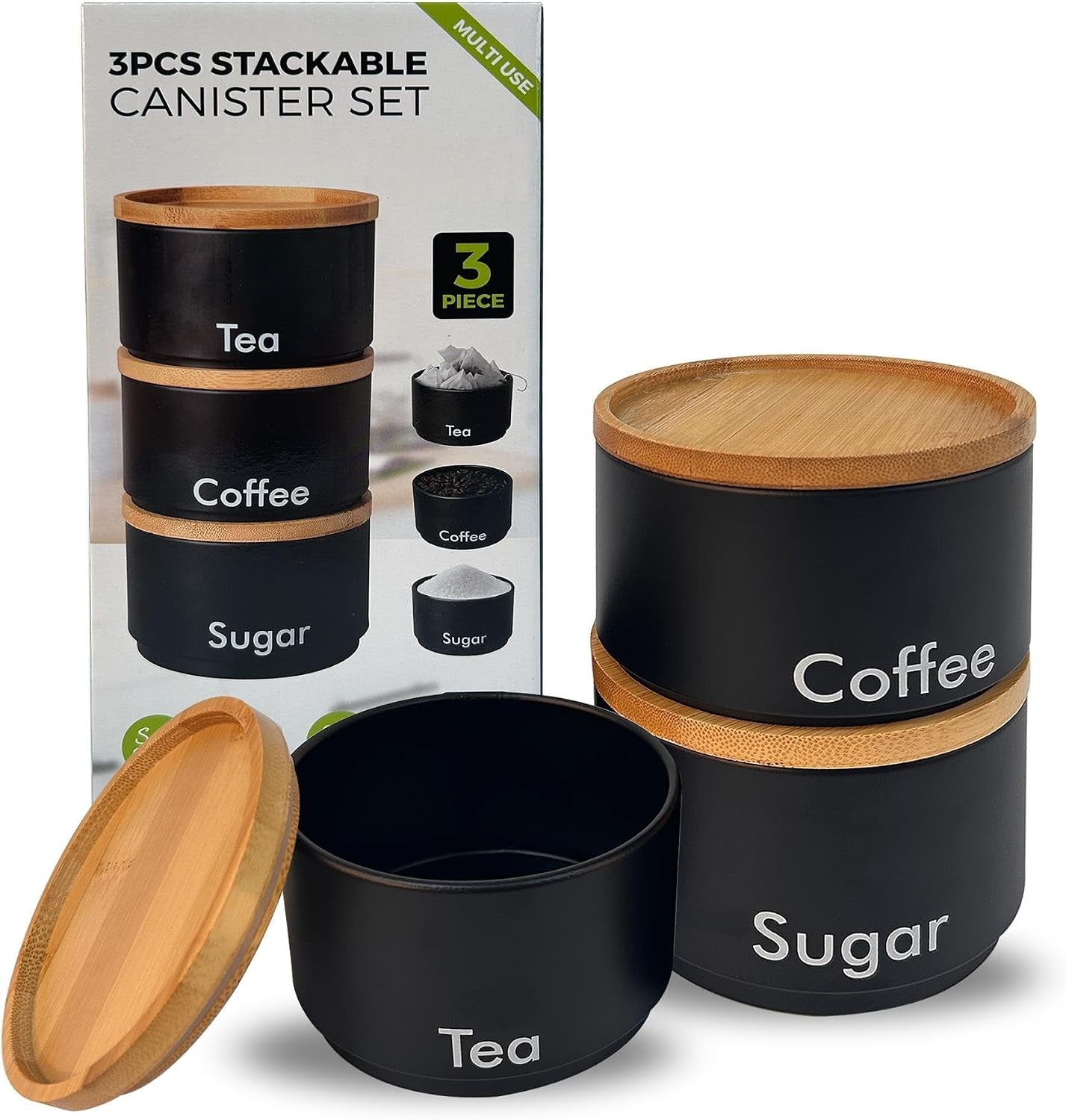 3 Tea Coffee Sugar Canister Set, Decorative Kitchen Food Storage Tin and Organisation Pantry Cupboard Organiser Stackable Containers with Bamboo Lids