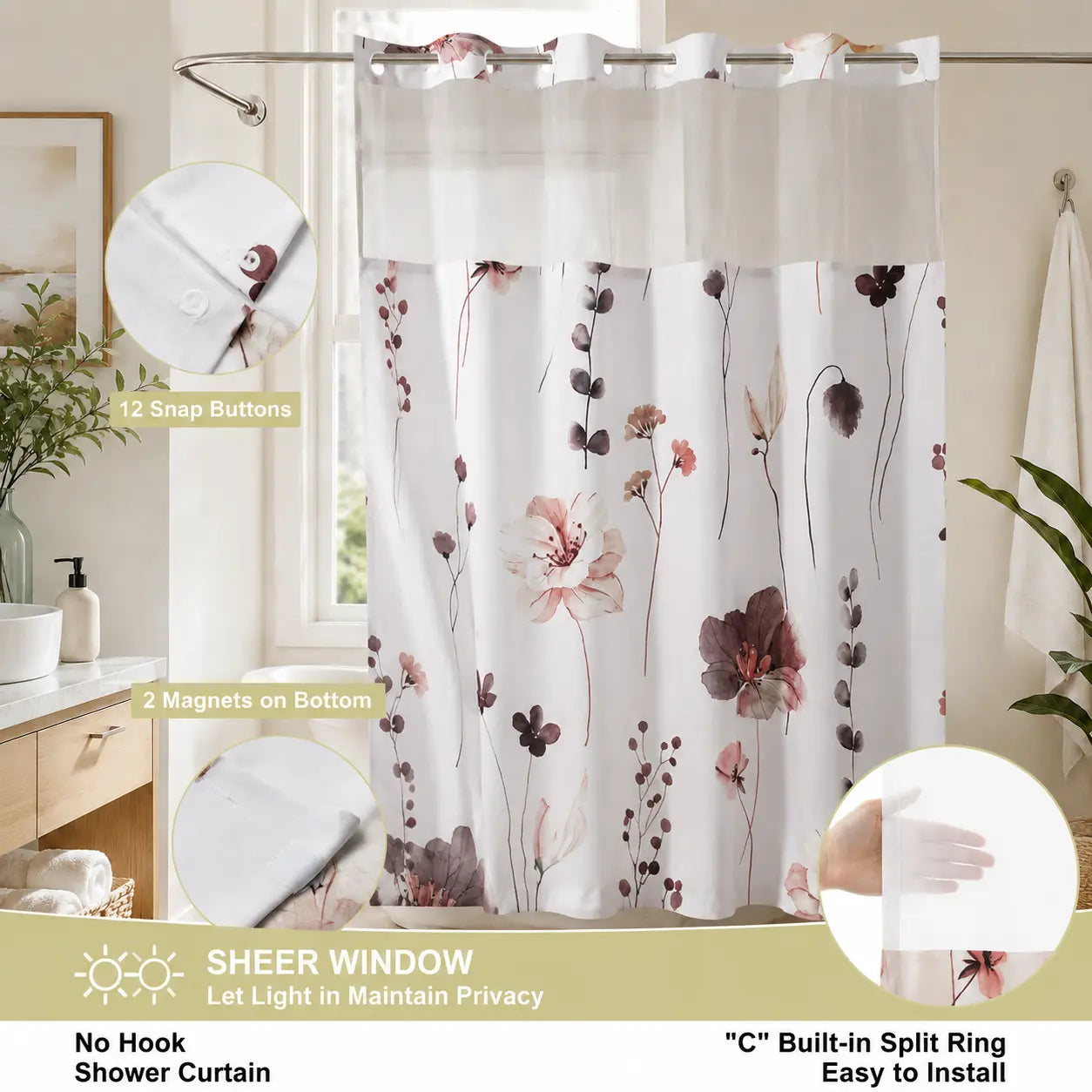 Floral Double Layer Shower Curtain, Hookless Installation, Waterproof Bathroom Decor Curtain