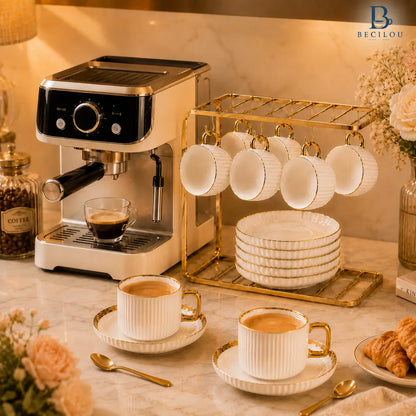 Luxury Ceramic 6-Piece Coffee Cup & Saucer Set with Gold Rack for Elegant Home & Afternoon Tea
