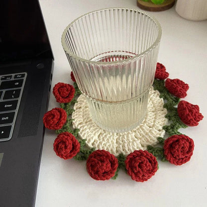 Crochet Flower Coaster Hand-Knitted Lily of the Valley round Coasters Heat Insulation Non-Slip Table Mats Home Kitchen Decor